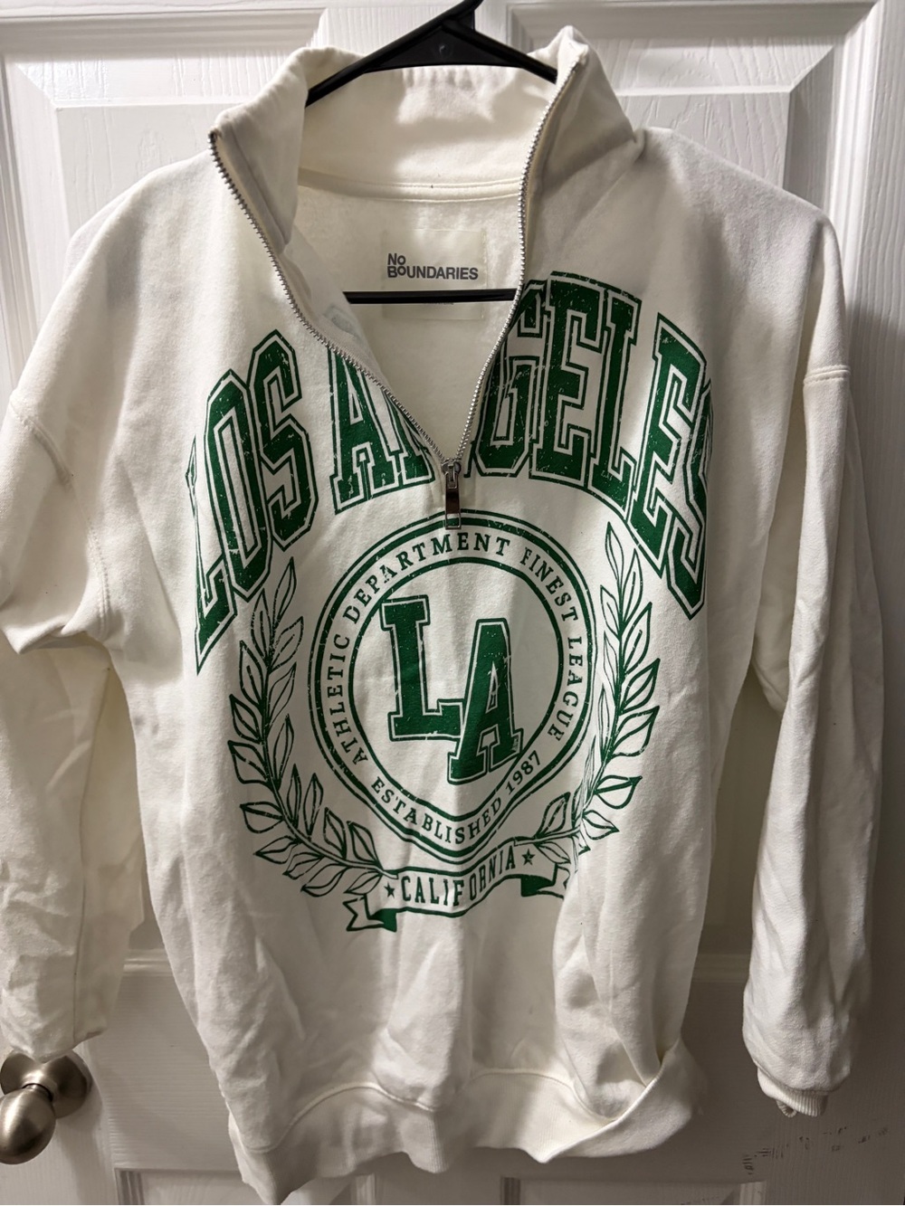 No Boundaries Men’s White Half-Zip Sweatshirt with Green LA Crest